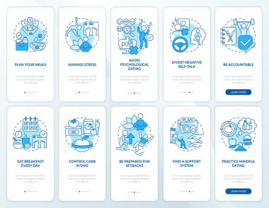 Seyyar uygulama ekranında diyet trendleri mavi. Sağlıklı beslenme 5 aşamalı grafik talimatları sayfaları doğrusal kavramlarla birlikte. UI, UX, GUI şablonu. Kullanılan sayısız Pro-Kalın, Düzenli yazı tipleri