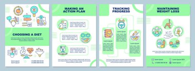 Diyet broşürü. Sağlıklı beslenme planı. Kilo kaybı. Çizgisel simgeli broşür tasarımı. Sunum için 4 vektör düzeni, yıllık raporlar. Arial-Black, Kullanılan Myriad Pro-Normal yazı tipleri