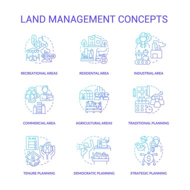 Arazi yönetimi mavi gradyan konsept simgeleri ayarlandı. Yerleşim bölgeleri ince çizgi renk çizimleri düşünürler. Ticari, endüstriyel alanlar. İzole semboller. Kullanılan Roboto-Orta, Myriad Pro-Kalın yazı tipleri
