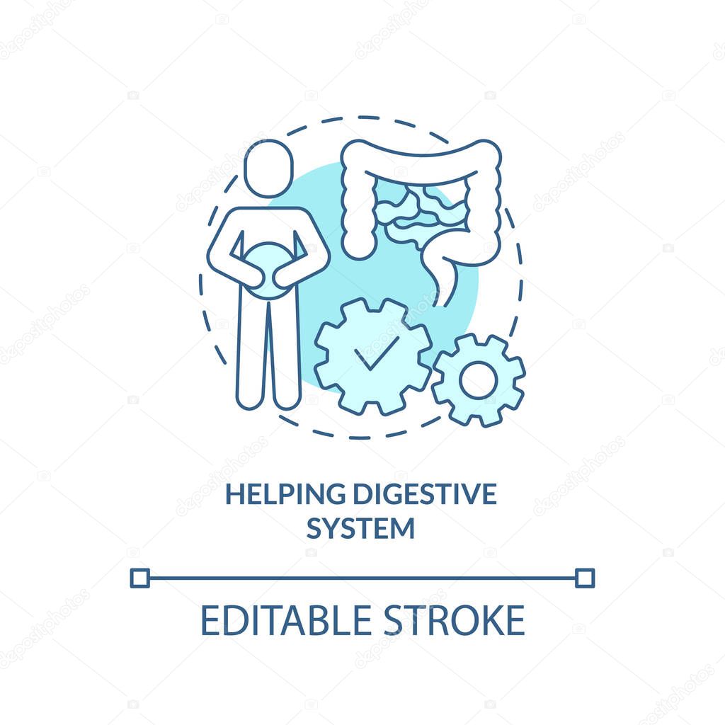 Helping digestive system turquoise concept icon. Healthy diet advantages abstract idea thin line illustration. Isolated outline drawing. Editable stroke. Arial, Myriad Pro-Bold fonts used