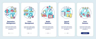 Mobil uygulama ekranında halkla ilişkiler servisi tipleri var. İşletme tanıtımı 5 aşamalı grafik talimatlar sayfaları doğrusal kavramlarla dolu. UI, UX, GUI şablonu. Kullanılan sayısız Pro-Kalın, Düzenli yazı tipleri