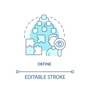 Turkuaz konsept ikonunu tanımla. Bilgi analiz ediliyor. Tasarım düşünme süreci soyut fikir ince çizgi çizimi. İzole bir taslak çizim. Düzenlenebilir felç. Arial, Myriad Pro-Kalın yazı tipleri