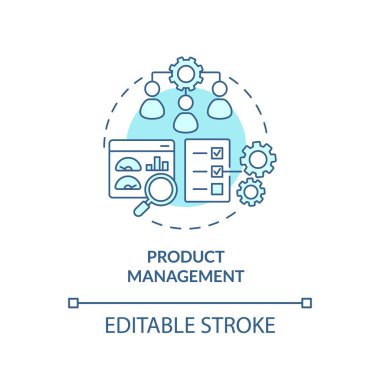 Ürün yönetimi turkuaz konsept simgesi. Pazarlama süreci. İş geliştirme fikri soyut ince çizgi çizimi. İzole bir taslak çizim. Düzenlenebilir felç. Arial, Myriad Pro-Kalın yazı tipleri