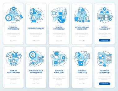 Mobil uygulama ekranında iş geliştirme mavisi. Şirket 5 basamaklı grafiksel talimatlar sayfalarında doğrusal kavramlarla yürüyor. UI, UX, GUI şablonu. Kullanılan sayısız Pro-Kalın, Düzenli yazı tipleri