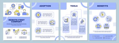 Uzaktan kumandalı mor broşür. İş geliştirme. Çizgisel simgeli broşür tasarımı. Sunum için 4 vektör düzeni, yıllık raporlar. Arial-Black, Kullanılan Myriad Pro-Normal yazı tipleri