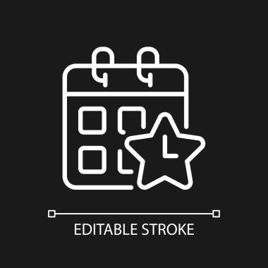 Ödül pikselinin zaman aşımı koyu renk tema için mükemmel beyaz doğrusal simge. Çalışan tanıma. İş hayatı dengesi. İnce çizgili çizim. Gece modu için izole edilmiş sembol. Düzenlenebilir felç. Kullanılan Arial yazı tipi