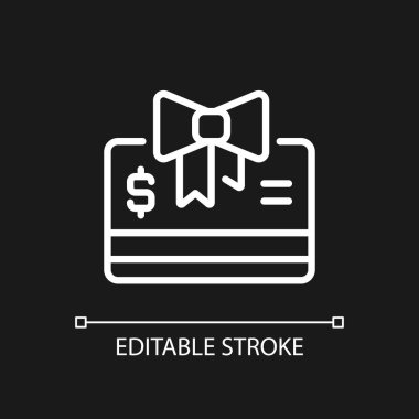 Hediye kartları piksel koyu tema için mükemmel beyaz doğrusal simge. Sezonluk hediye çeki. Pazarlama stratejisi. İnce çizgili çizim. Gece modu için izole edilmiş sembol. Düzenlenebilir felç. Kullanılan Arial yazı tipi