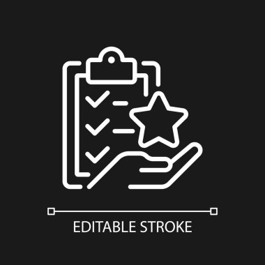 Koyu tema için görev bonus piksel mükemmel beyaz doğrusal simge. Ödül puanları. Ücret ödemesi. İnce çizgili çizim. Gece modu için izole edilmiş sembol. Düzenlenebilir felç. Kullanılan Arial yazı tipi