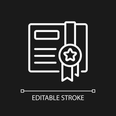 Koyu tema için hediye sertifikası pikseli mükemmel beyaz doğrusal simge. İndirim al. Ticari mal sertifikası. İnce çizgili çizim. Gece modu için izole edilmiş sembol. Düzenlenebilir felç. Kullanılan Arial yazı tipi