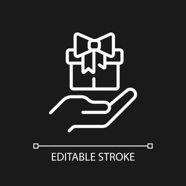 Bedava hediye pikseli koyu renk tema için mükemmel beyaz doğrusal simge. Müşterileri cezbediyor. Pazarlama taktiği. Promosyon ürünleri. İnce çizgili çizim. Gece modu için izole edilmiş sembol. Düzenlenebilir felç. Kullanılan Arial yazı tipi