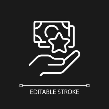 Nakit bonus piksel koyu renk tema için mükemmel beyaz doğrusal simge. Ek gelir. Yüksek meblağlı ödeme. İnce çizgili çizim. Gece modu için izole edilmiş sembol. Düzenlenebilir felç. Kullanılan Arial yazı tipi