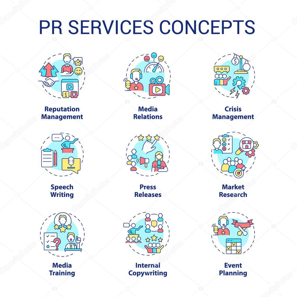 PR services concept icons set. Promotion strategy for business. Advertising agency idea thin line color illustrations. Isolated symbols. Editable stroke. Roboto-Medium, Myriad Pro-Bold fonts used