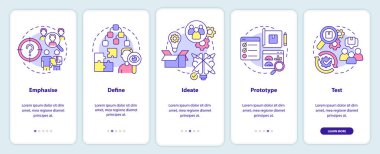 Mobil uygulama ekranında tasarım düşünme süreci. Ürün geliştirme 5 aşamalı grafik talimatları sayfaları doğrusal kavramlarla. UI, UX, GUI şablonu. Kullanılan sayısız Pro-Kalın, Düzenli yazı tipleri