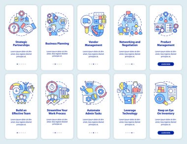 Mobil uygulama ekranında iş geliştirme. Kurumsal büyüme 5 adım grafik talimatları sayfaları doğrusal kavramlarla birlikte. UI, UX, GUI şablonu. Kullanılan sayısız Pro-Kalın, Düzenli yazı tipleri