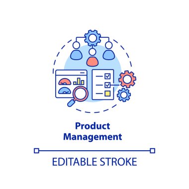 Ürün yönetimi konsepti ikonu. Pazarlama süreci. İş geliştirme fikri soyut ince çizgi çizimi. İzole bir taslak çizim. Düzenlenebilir felç. Arial, Myriad Pro-Kalın yazı tipleri