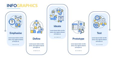 Tasarım düşünme süreci dikdörtgen bilgi şablonu. Proje çalışması. Veri görselleştirmesi 5 adımda. İşlem zaman çizelgesi bilgi şeması. Satır simgeleriyle çalışma akışı düzeni. Kullanılan Lato Kalın, Düzenli yazı tipleri