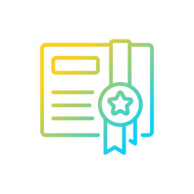 Hediye sertifikası gradyan doğrusal vektör simgesi. İndirim al. Ticari mal sertifikası. Pazarlama stratejisi. İnce çizgi renk sembolü. Modern tarz pictogram. Vektör izole çizimi