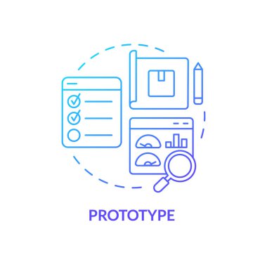 Prototip mavi gradyan konsept simgesi. Deneysel ürün versiyonu. Tasarım düşünme süreci soyut fikir ince çizgi çizimi. İzole bir taslak çizim. Kullanılan sayısız Pro-Kalın yazı tipi