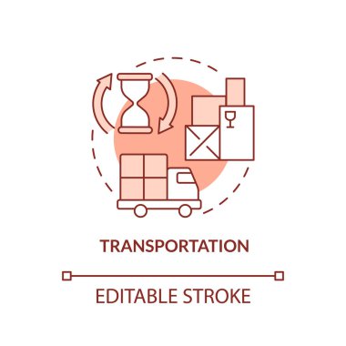 Ulaşım kırmızı konsept simgesi. Ek harcamalar. Ürün teslimatı. Muda soyut fikir tipi ince çizgi çizimi. İzole bir taslak çizim. Düzenlenebilir felç. Arial, Myriad Pro-Kalın yazı tipleri