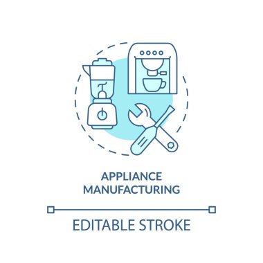 Cihaz üretimi turkuaz konsept simgesi. Ev elektroniği. Alt sektör soyut fikir ince çizgi çizimi. İzole bir taslak çizim. Düzenlenebilir felç. Arial, Myriad Pro-Kalın yazı tipleri