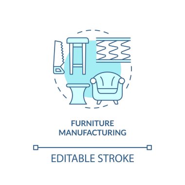 Mobilya imalatı turkuaz konsept ikonu. Ahşap endüstrisi. Alt sektör soyut fikir ince çizgi çizimi. İzole bir taslak çizim. Düzenlenebilir felç. Arial, Myriad Pro-Kalın yazı tipleri