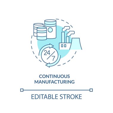 Sürekli turkuaz konsept ikonu üretiyor. Üretim süreçlerinin tipi soyut fikir ince çizgi çizimi. İzole bir taslak çizim. Düzenlenebilir felç. Arial, Myriad Pro-Kalın yazı tipleri