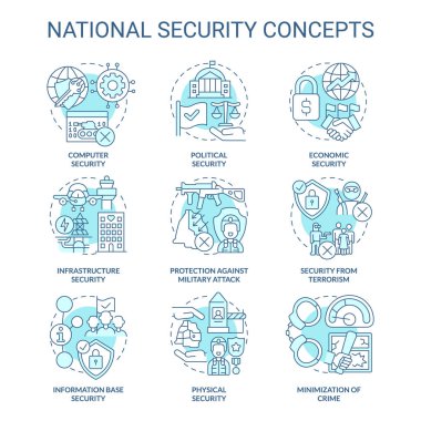 Ulusal ve uluslararası güvenlik turkuaz konsept simgeleri ayarlandı. Ülke güvenliği fikri ince çizgi renkli çizimler. İzole semboller. Düzenlenebilir felç. Kullanılan Roboto-Orta, Myriad Pro-Kalın yazı tipleri