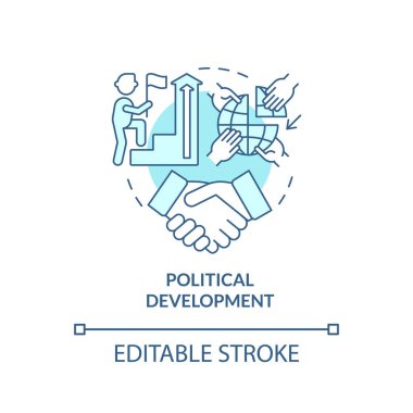 Siyasi gelişim turkuvaz konsept simgesi. Ulusal güvenlik. Toplum güvenliği fikri soyut ince çizgi çizimi. İzole bir taslak çizim. Düzenlenebilir felç. Arial, Myriad Pro-Kalın yazı tipleri