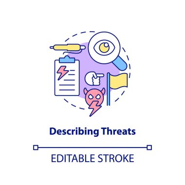 Tehdit konsepti ikonunu tanımlamak. Düşman kuvvetlerini öğreniyorum. Ulusal güvenlik fikri soyut ince çizgi çizimi. İzole bir taslak çizim. Düzenlenebilir felç. Arial, Myriad Pro-Kalın yazı tipleri