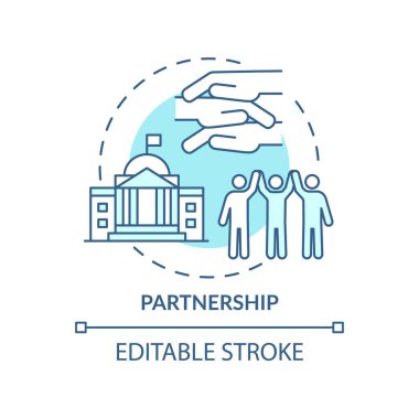 Ortaklık turkuaz konsept simgesi. Yetkililerle topluluk ilişkisi. ILAP soyut fikir ince çizgi çizimi. İzole bir taslak çizim. Düzenlenebilir felç. Arial, Myriad Pro-Kalın yazı tipleri