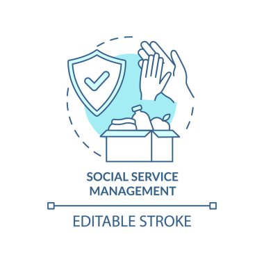 Sosyal servis yönetimi turkuvaz konsept simgesi. Sosyal planlama soyut fikir ince çizgi çizimini düzenler. İzole bir taslak çizim. Düzenlenebilir felç. Arial, Myriad Pro-Kalın yazı tipleri