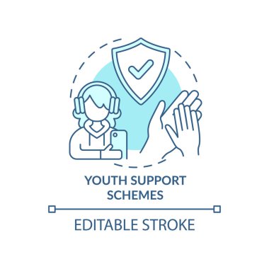 Gençlik destek şemaları turkuaz konsept simgesi. Gençler yardım ediyor. Sosyal planlama soyut fikir ince çizgi çizimi. İzole bir taslak çizim. Düzenlenebilir felç. Arial, Myriad Pro-Kalın yazı tipleri
