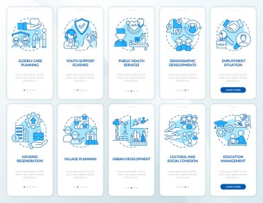 Mobil uygulama ekranında sosyal planlama mavisi. Örnek olarak 5 adımda dolaş. Çizgisel kavramları olan grafik talimatlar sayfaları. UI, UX, GUI şablonu. Kullanılan sayısız Pro-Kalın, Düzenli yazı tipleri