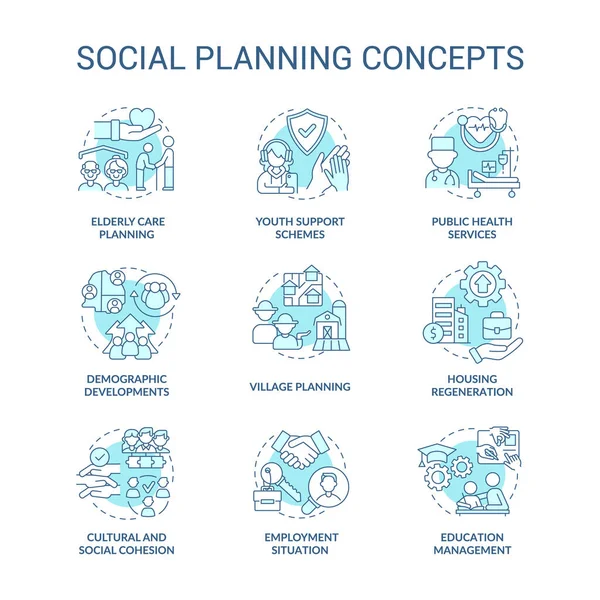 Набор Икон Социального Планирования Бирюзовой Концепции Проблемы Общества Сообщество Меняет — стоковый вектор