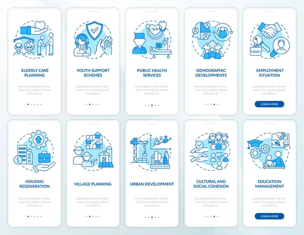 Sociální Plánování Modrá Onboarding Mobilní Aplikace Obrazovce Příklady Procházka Kroků — Stockový vektor