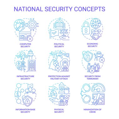 Ulusal ve uluslararası güvenlik mavi gradyan konsept simgeleri ayarlandı. Ülke güvenliği fikri ince çizgi renkli çizimler. İzole semboller. Düzenlenebilir felç. Kullanılan Roboto-Orta, Myriad Pro-Kalın yazı tipleri