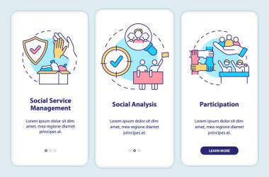 Sosyal planlama mobil uygulama ekranında düzenlenir. Doğrusal kavramlarla dolu üç adımda grafik talimatları gözden geçir. UI, UX, GUI şablonu. Kullanılan sayısız Pro-Kalın, Düzenli yazı tipleri