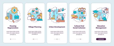 Gezici uygulama ekranında sosyal planlama örnekleri. Çizgisel kavramlarla dolu 5 aşamalı grafik talimatları. UI, UX, GUI şablonu. Kullanılan sayısız Pro-Kalın, Düzenli yazı tipleri