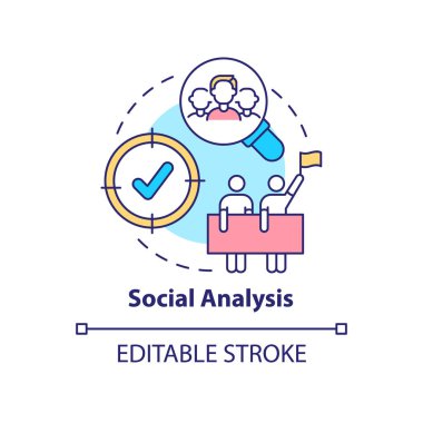 Sosyal analiz konsepti ikonu. Konu araştırması. Sosyal planlama soyut fikir ince çizgi çizimini düzenler. İzole bir taslak çizim. Düzenlenebilir felç. Arial, Myriad Pro-Kalın yazı tipleri