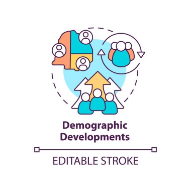 Demografik gelişmeler konsept simgesi. Nüfus değişimi. Sosyal planlama örneği soyut fikir ince çizgi çizimi. İzole bir taslak çizim. Düzenlenebilir felç. Arial, Myriad Pro-Kalın yazı tipleri