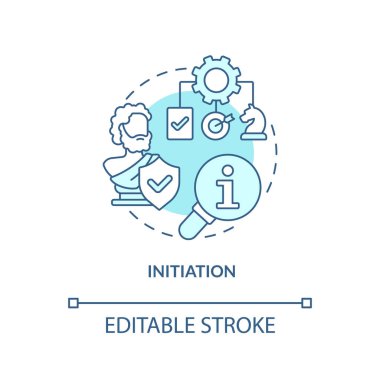 Başlatma turkuaz konsept simgesi. Proje sorunları analiz ediliyor. Miras koruma fikri soyut ince çizgi çizimi. İzole bir taslak çizim. Düzenlenebilir felç. Arial, Myriad Pro-Kalın yazı tipleri