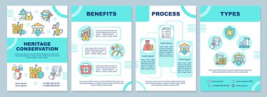 Miras rezervasyonu strateji broşürü. Çizgisel simgeli broşür tasarımı. Sunum için 4 vektör düzeni, yıllık raporlar. Arial-Black, Kullanılan Myriad Pro-Normal yazı tipleri