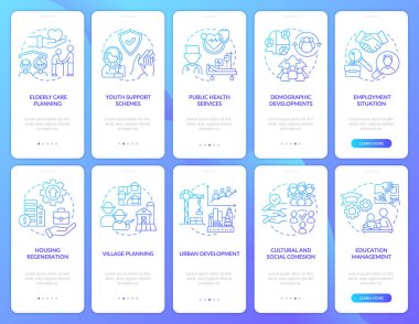 Mobil uygulama ekranında sosyal planlama mavi gradyanı. Örnek olarak 5 adımda dolaş. Çizgisel kavramları olan grafik talimatlar sayfaları. UI, UX, GUI şablonu. Kullanılan sayısız Pro-Kalın, Düzenli yazı tipleri