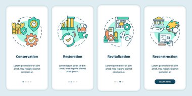 Mobil uygulama ekranında kültürel mirası koruma tipleri var. Doğrusal kavramlarla dolu dört adımda grafik talimatları uygula. UI, UX, GUI şablonu. Kullanılan sayısız Pro-Kalın, Düzenli yazı tipleri