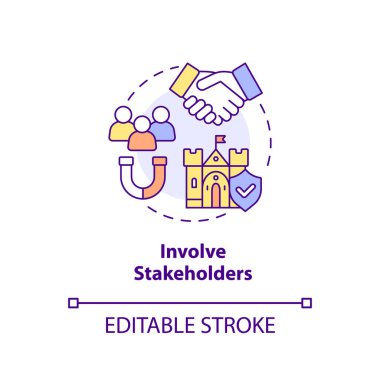 Hissedarların konsept ikonuna dahil ol. Miras koruma prensibi soyut fikir ince çizgili illüstrasyon. İzole bir taslak çizim. Düzenlenebilir felç. Arial, Myriad Pro-Kalın yazı tipleri