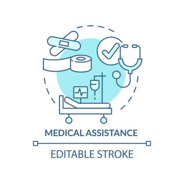 Tıbbi yardım turkuvaz konsept ikonu. Ülkeler soyut fikirler sunarak ince çizgiler çiziyorlar. Tıbbi tedavi. İzole bir taslak çizim. Düzenlenebilir felç. Arial, Myriad Pro-Kalın yazı tipleri
