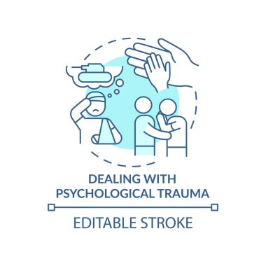Psikolojik travma turkuaz konsept ikonu ile uğraşıyoruz. Ülkeyi soyut savaş fikrinin ince çizgilerinden yeniden inşa etmek. İzole bir taslak çizim. Düzenlenebilir felç. Arial, Myriad Pro-Kalın yazı tipleri