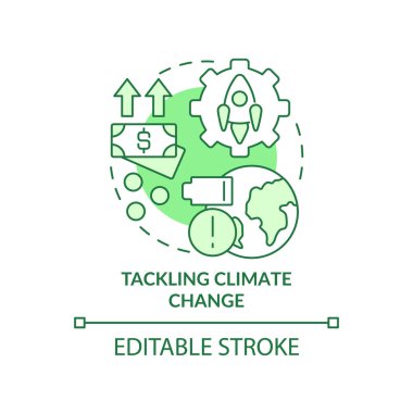 İklim değişikliği yeşil konsept ikonu ile mücadele ediliyor. Ekolojik girişimler. Uzay teknolojisi soyut fikir ince çizgi çizimi. İzole bir taslak çizim. Düzenlenebilir felç. Arial, Myriad Pro-Kalın yazı tipleri
