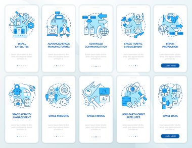 Uzay keşif teknolojisi mavisi mobil uygulama ekranında. Kozmos 5 aşamalı grafik talimatlar sayfalarında doğrusal kavramlarla yürüyor. UI, UX, GUI şablonu. Kullanılan sayısız Pro-Kalın, Düzenli yazı tipleri
