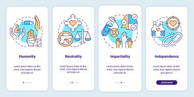 Uluslararası yardım ilkeleri mobil uygulama ekranında. Bağımsızlık yürüyüşü 4 adım grafik talimatlar sayfaları doğrusal kavramlarla. UI, UX, GUI şablonu. Kullanılan sayısız Pro-Kalın, Düzenli yazı tipleri